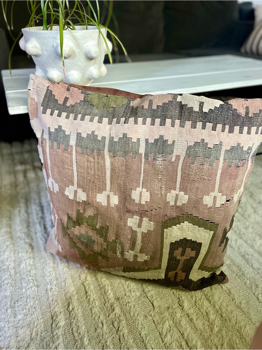 Vintage Turkish Kilim Extra Large Pillow Cover Wool 23.5”x23.5” square